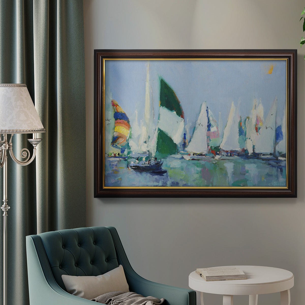 Coastal harbor watercolor painting in an ornate mahogany wood frame with gold liner displayed in a neutral interior setting.
