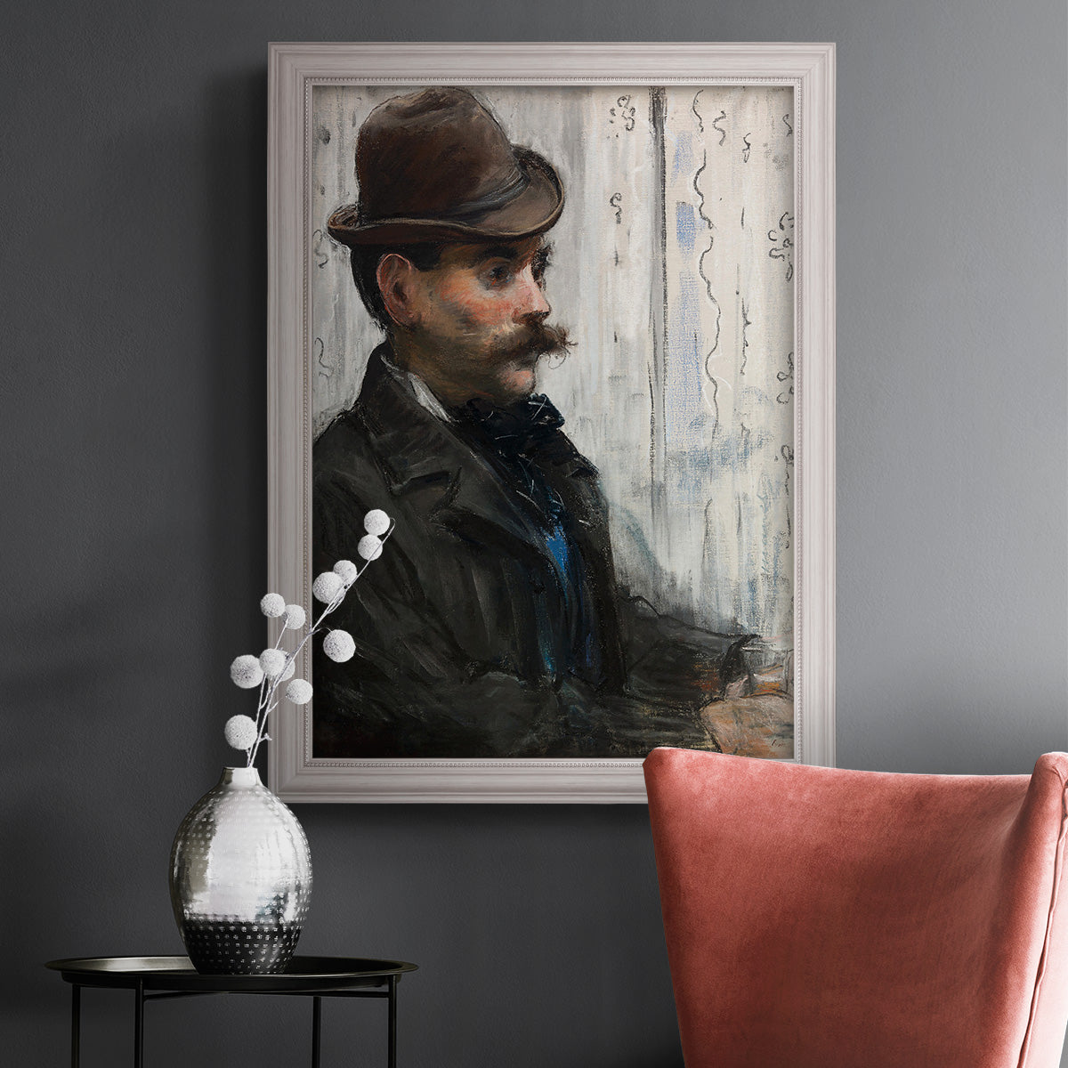 Impressionist portrait of a seated man by Édouard Manet in an ornate weathered white frame displayed in a dark-toned interior setting.