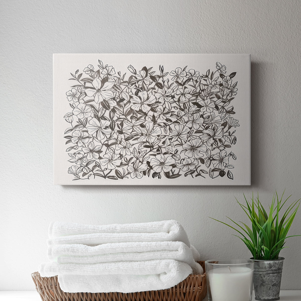 Floral pattern featuring intricate black and white illustrations of various flowers and foliage in a dense arrangement