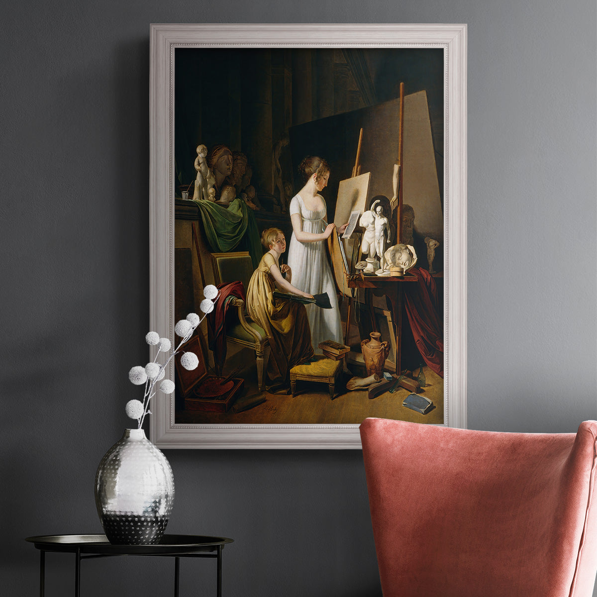 Classical interior painting of an artist at work by Louis-Leopold Boilly in an ornate weathered white frame displayed in a dark-toned interior setting.