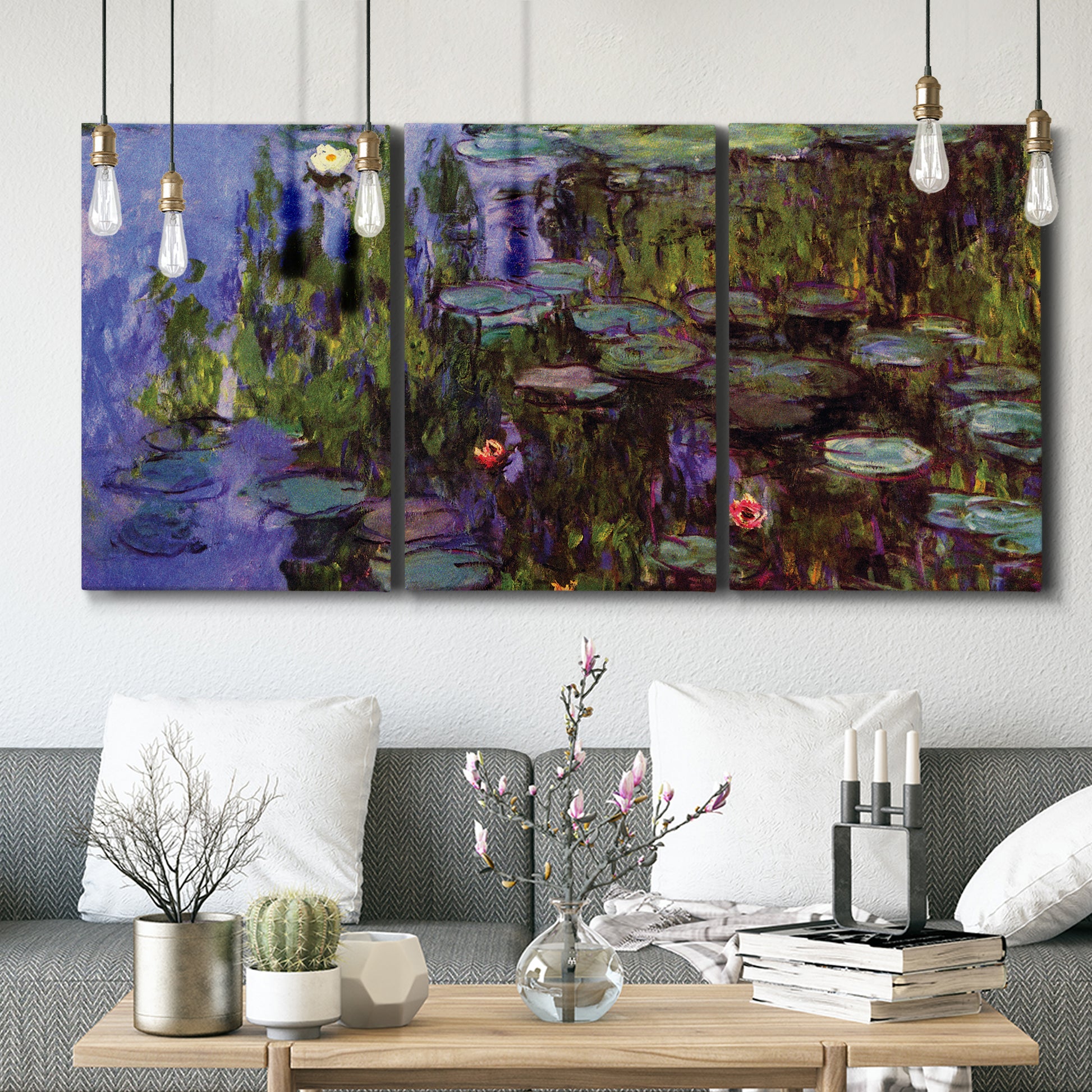 Three-panel canvas wall art featuring water lilies on calm pond, displayed in a modern living room above seating.