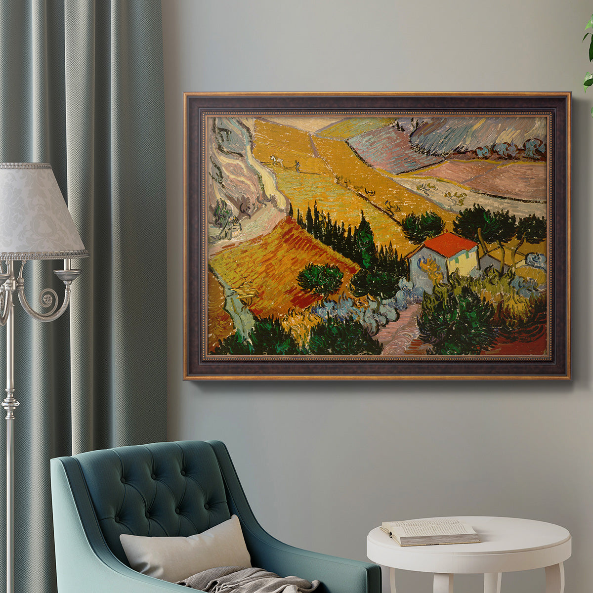 Valley With Ploughman Seen from Above - Ornate Framed Canvas Print