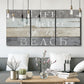 Three-panel canvas wall art featuring beach themed typography design, displayed in a modern living room above seating.
