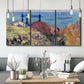 Three-panel canvas wall art featuring coastal village shoreline landscape, displayed in a modern living room above seating.