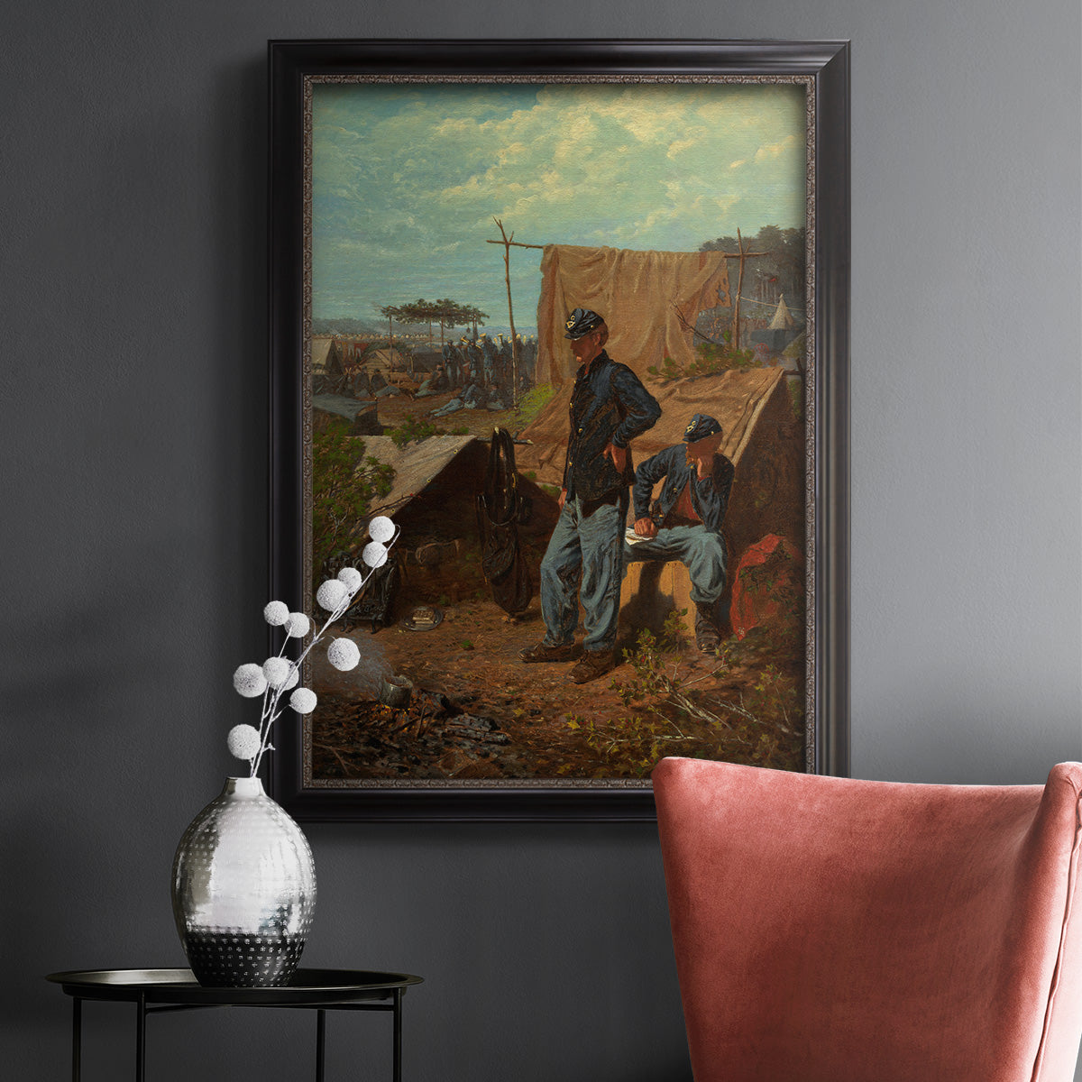 American genre scene of domestic life by Winslow Homer in an ornate black frame with gilded inner detail displayed in a dark-toned interior setting.