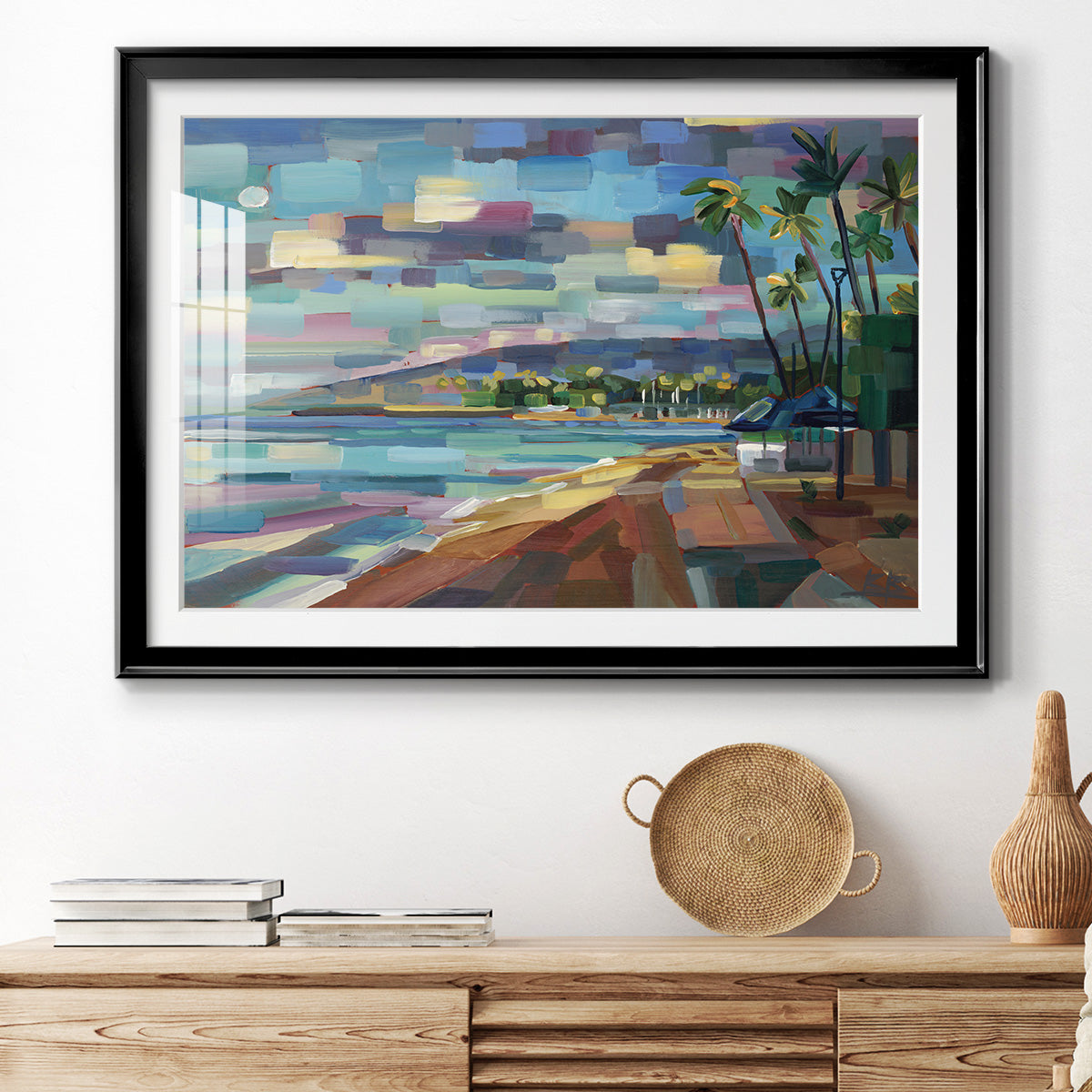 Morning Moon Over Waikiki - Modern Framed Art Print