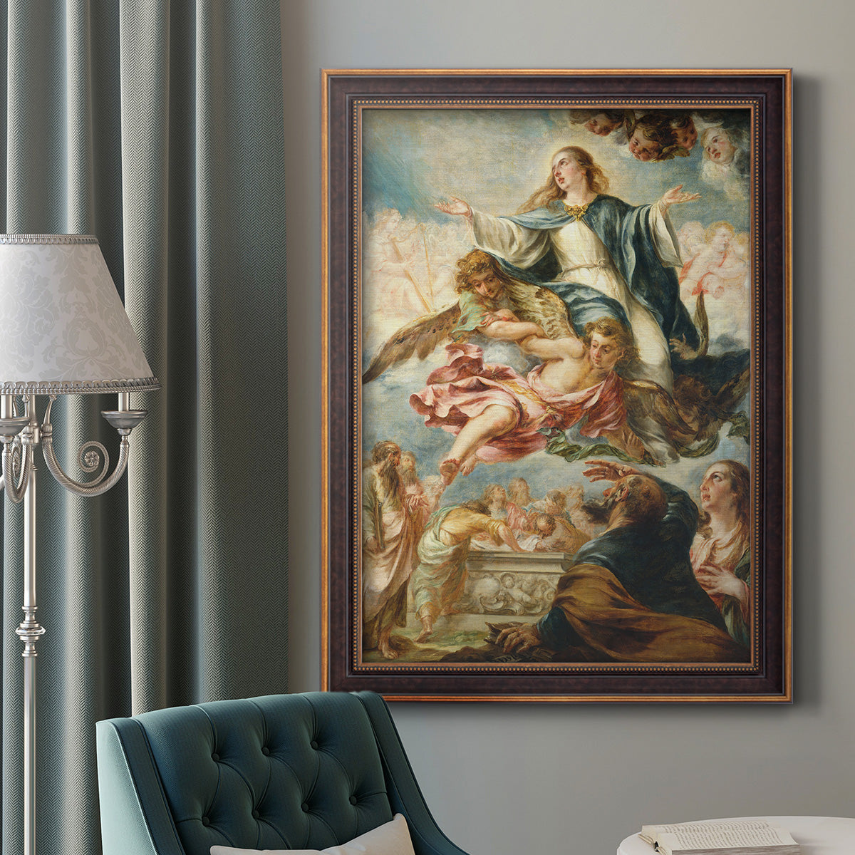 Religious painting of the Assumption of the Virgin Mary by Juan de Valdés Leal in an ornate bronzed mahogany wood frame displayed in a dark-toned interior setting.