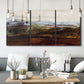 Three-panel canvas wall art featuring rustic abstract landscape exploration, displayed in a modern living room above seating.