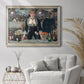 Iconic impressionist café bar scene by Édouard Manet in an ornate champagne frame displayed in a bright interior setting.