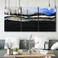 Three-panel canvas wall art featuring abstract passage of time composition, displayed in a modern living room above seating.