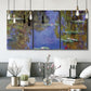 Three-panel canvas wall art featuring blue and purple water lily pond, displayed in a modern living room above seating.