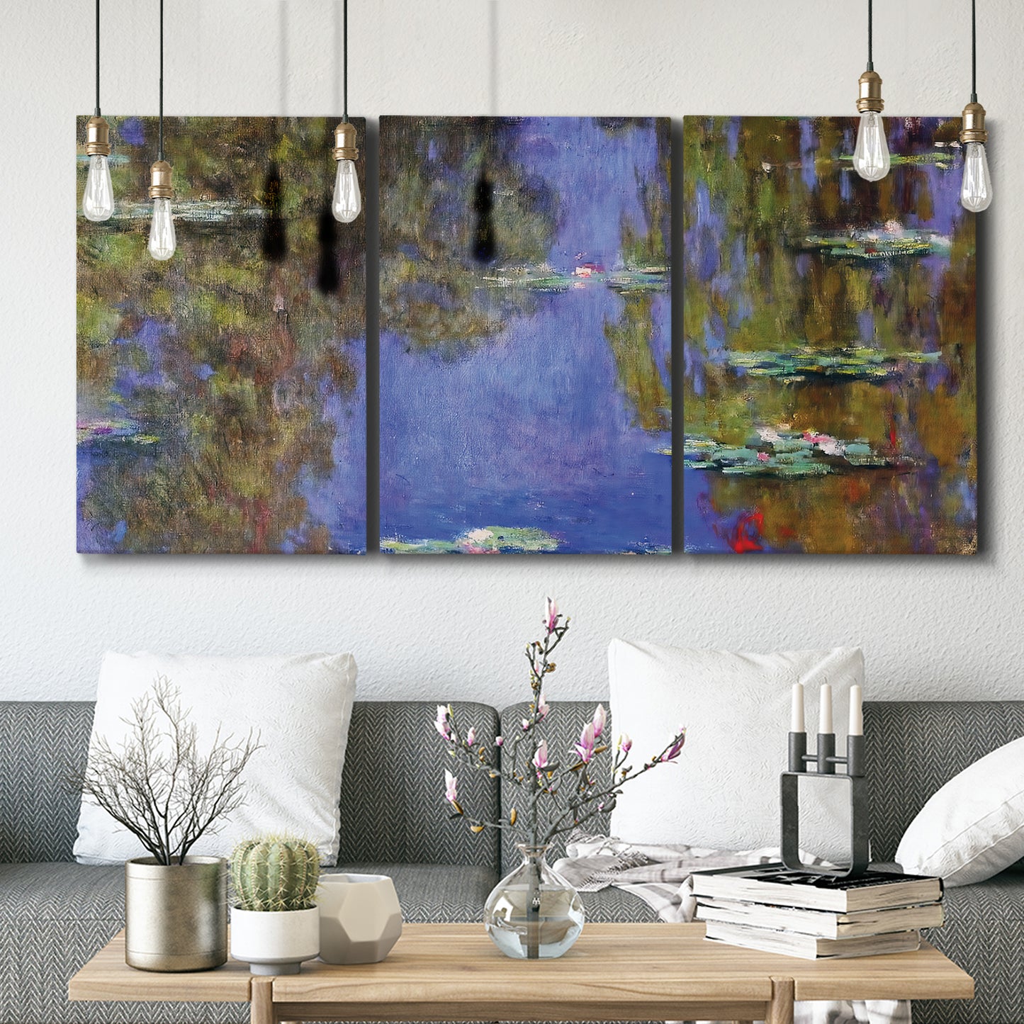 Three-panel canvas wall art featuring blue and purple water lily pond, displayed in a modern living room above seating.