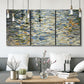 Three-panel canvas wall art featuring abstract water surface reflections, displayed in a modern living room above seating.
