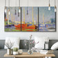 Three-panel canvas wall art featuring red boats along riverbank, displayed in a modern living room above seating.