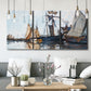 Three-panel canvas wall art featuring fishing boats navigating open water, displayed in a modern living room above seating.