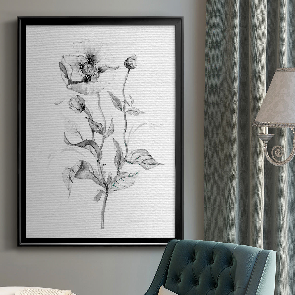 Wild Poppy Sketch - Modern Framed Canvas Print