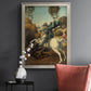 Religious painting of Saint George slaying the dragon by Raphael in an ornate champagne frame displayed in a dark-toned interior setting.