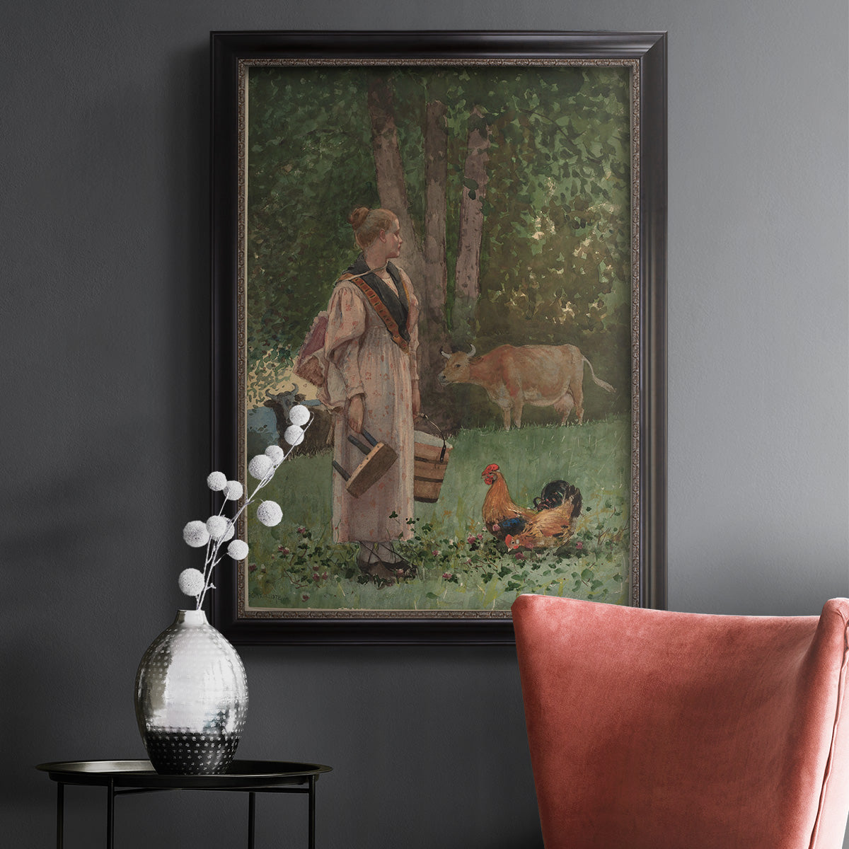 Realist genre scene of a milkmaid by Winslow Homer in an ornate black frame with gilded inner detail displayed in a dark-toned interior setting.