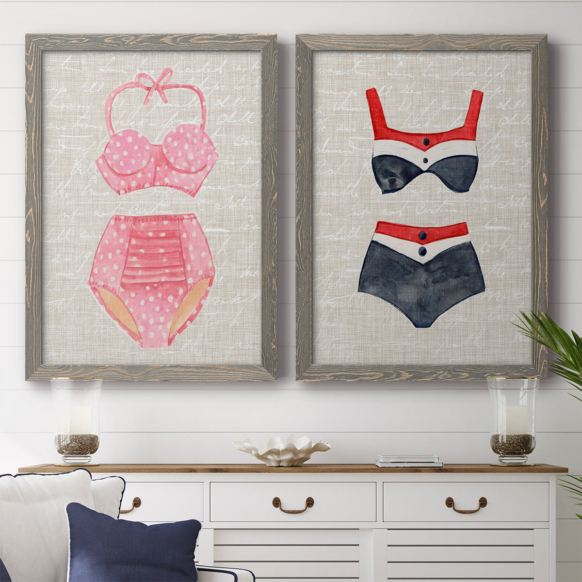 Vintage Swimming I - Premium Framed Canvas 2 Piece Set - Ready to Hang