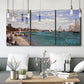 Three-panel canvas wall art featuring river basin with boats, displayed in a modern living room above seating.