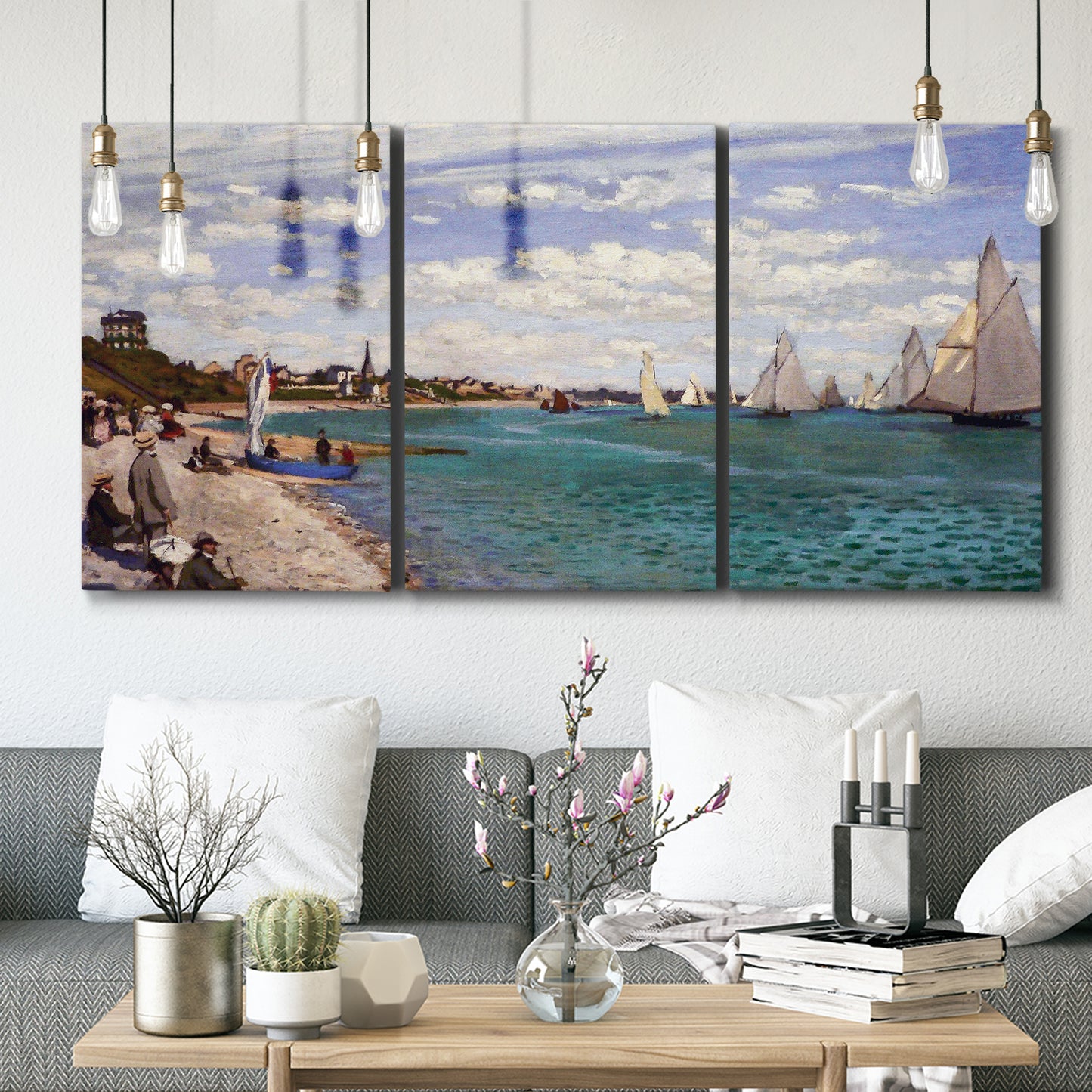 Three-panel canvas wall art featuring river basin with boats, displayed in a modern living room above seating.