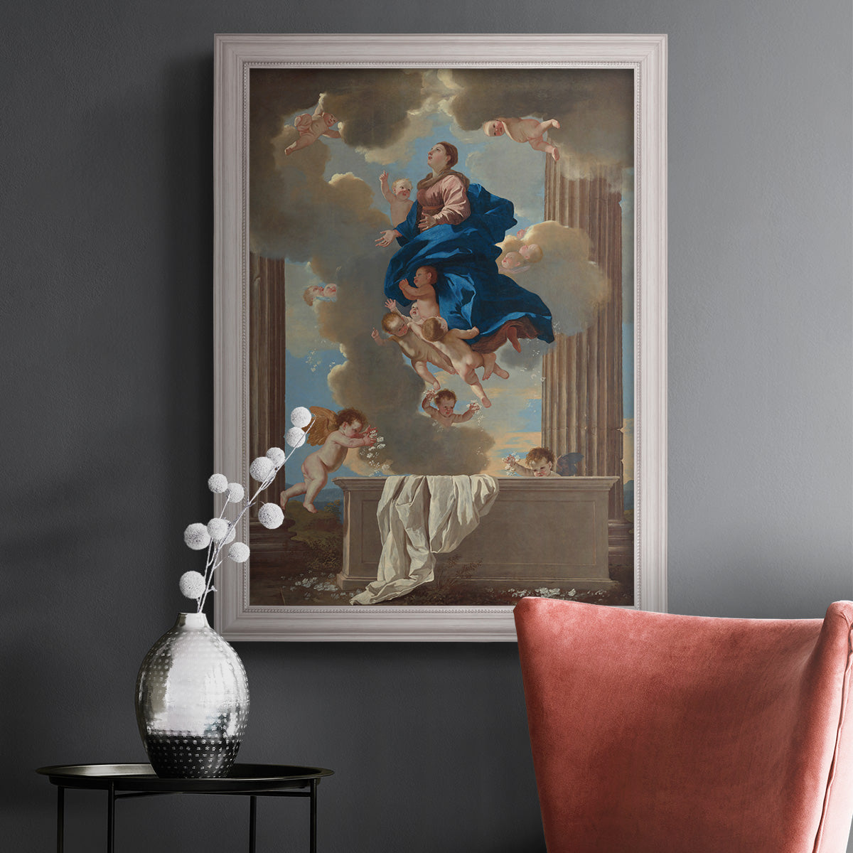 Classical religious depiction of the Assumption of the Virgin by Nicolas Poussin in an ornate weathered white frame displayed in a dark-toned interior setting.