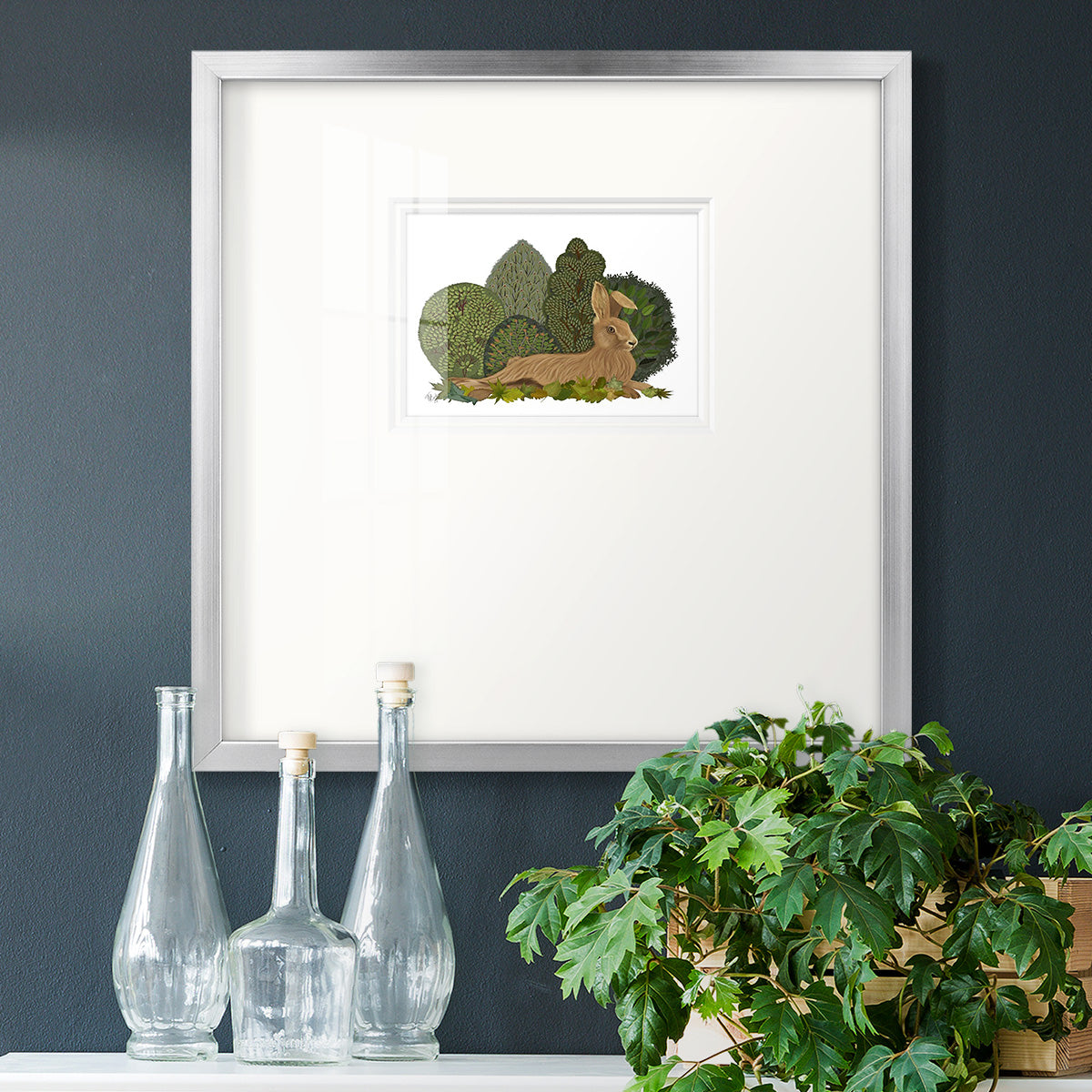 Hare Reclining in Leaves Premium Framed Print Double Matboard