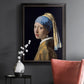 Iconic portrait of a girl wearing a pearl earring by Johannes Vermeer in an ornate black frame with gilded inner detail displayed in a dark-toned interior setting.