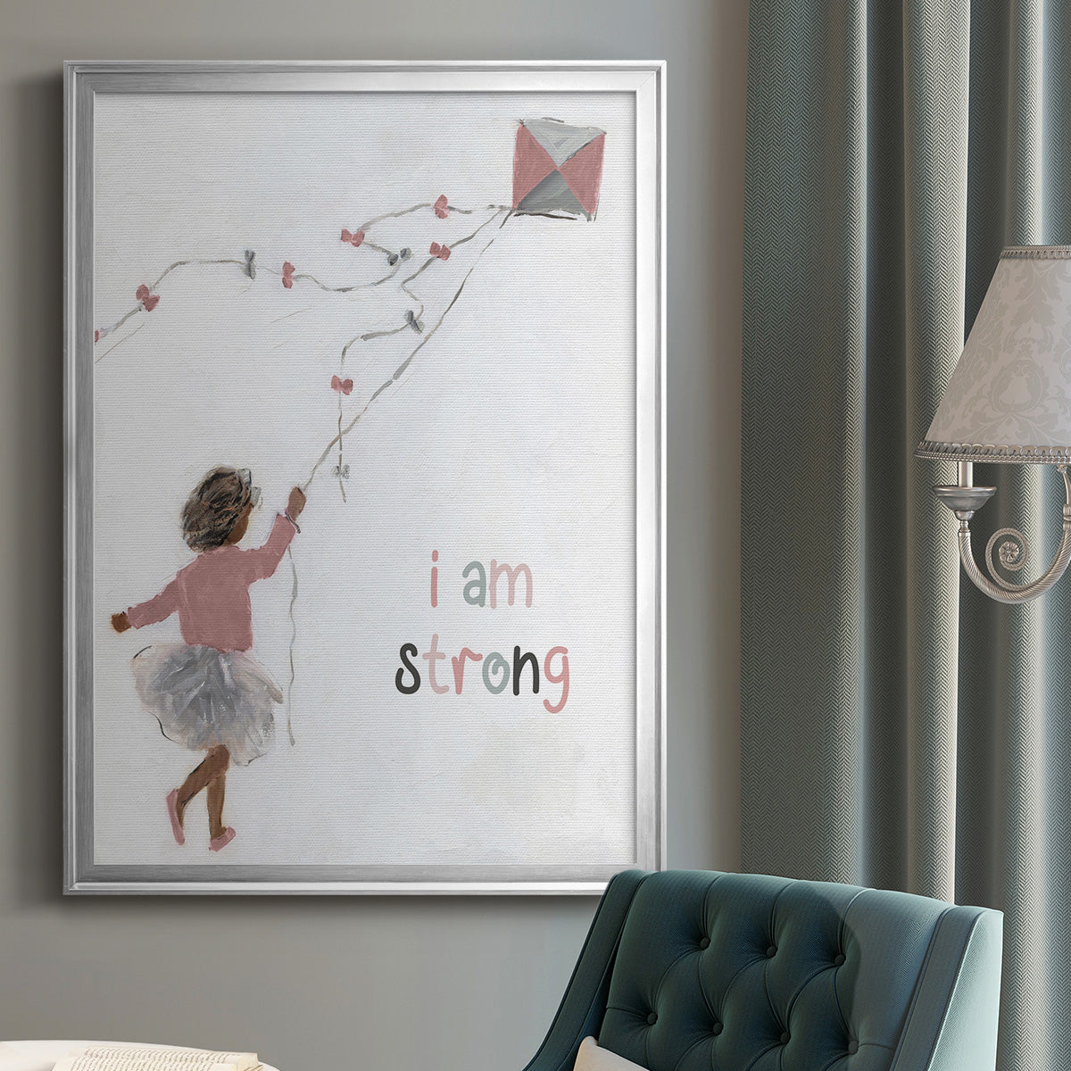 Girl Flying Kite - Modern Framed Canvas Print