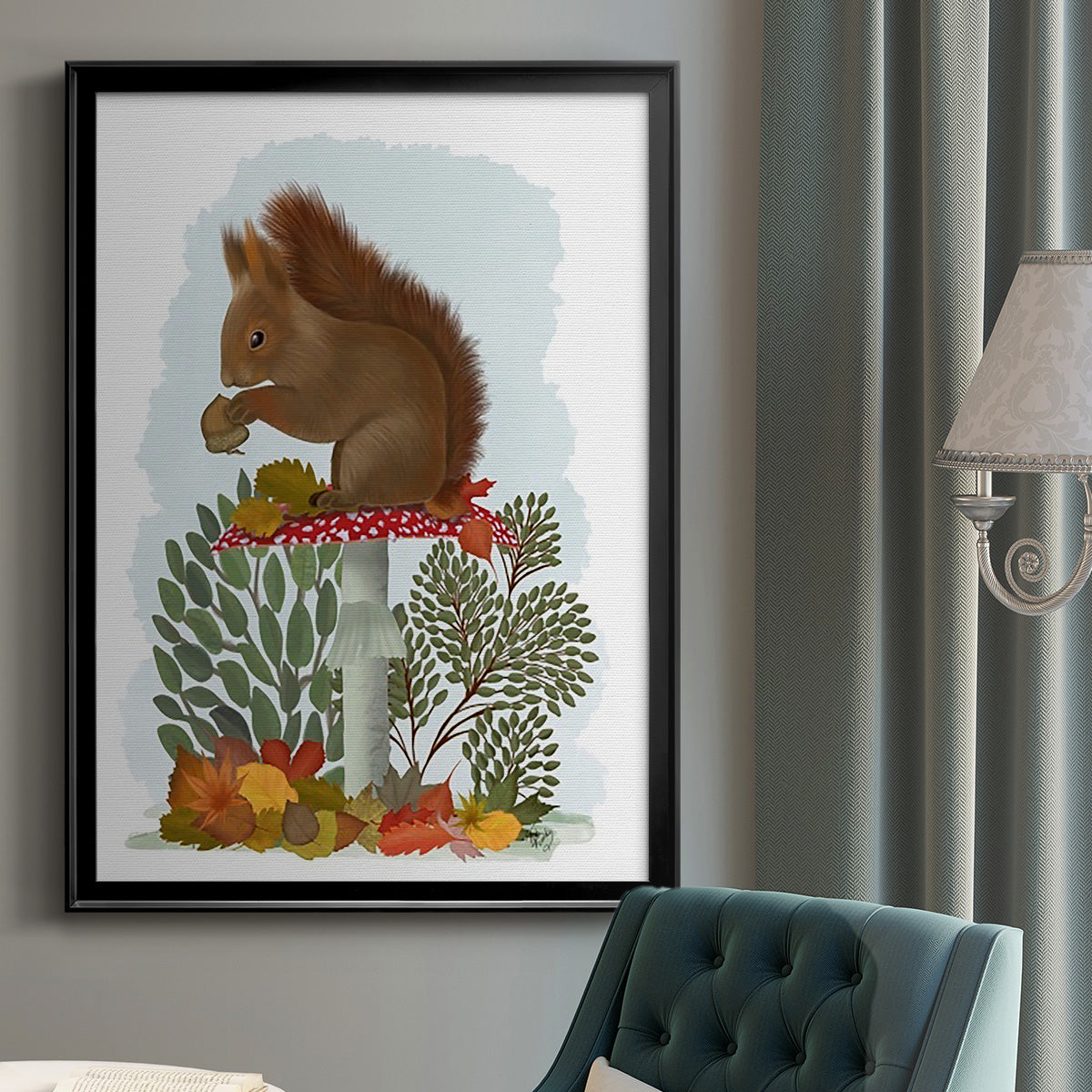 Red Squirrel On Mushroom - Modern Framed Canvas Print