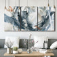 Three-panel canvas wall art featuring repeating abstract geometric array, displayed in a modern living room above seating.