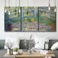 Three-panel canvas wall art featuring water lilies with arched bridge, displayed in a modern living room above seating.