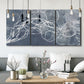 Three-panel canvas wall art featuring coastal shoreline at golden hour, displayed in a modern living room above seating.