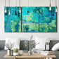 Three-panel canvas wall art featuring abstract river composition with movement, displayed in a modern living room above seating.