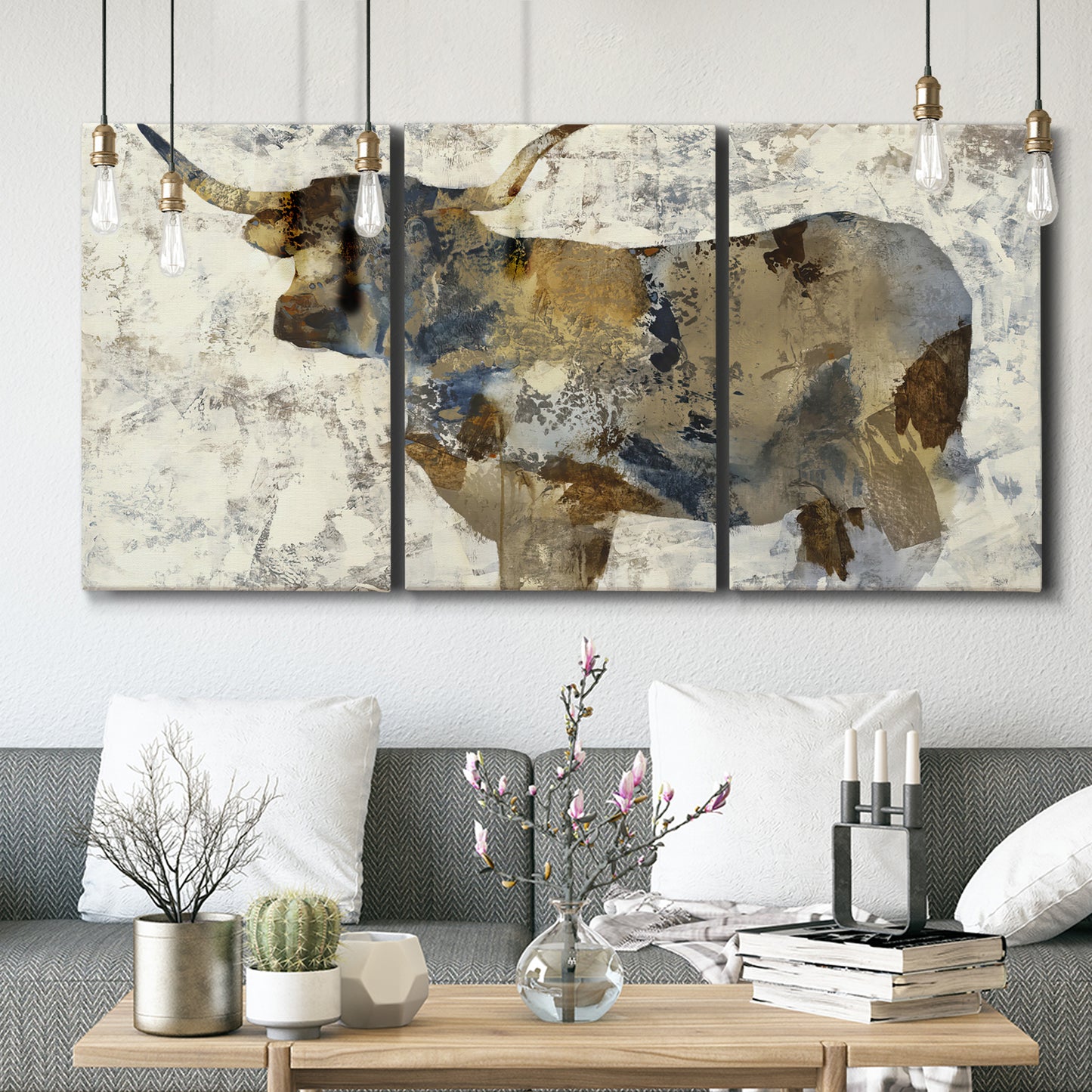 Three-panel canvas wall art featuring farm animal portrait in rustic setting, displayed in a modern living room above seating.