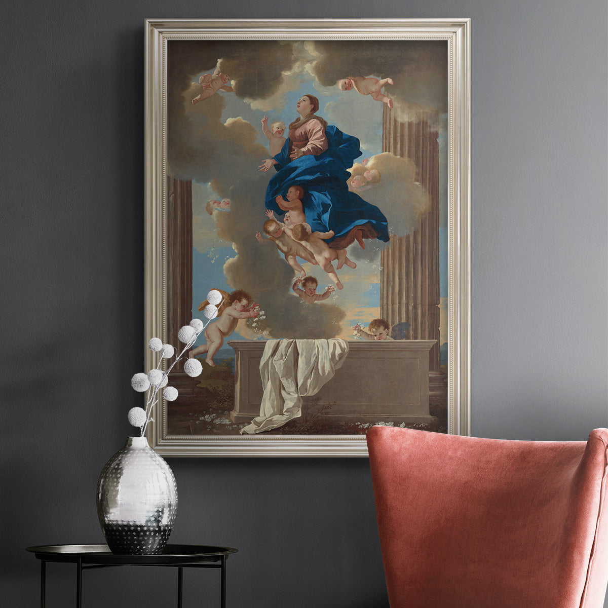 Classical religious depiction of the Assumption of the Virgin by Nicolas Poussin in an ornate champagne frame displayed in a dark-toned interior setting.