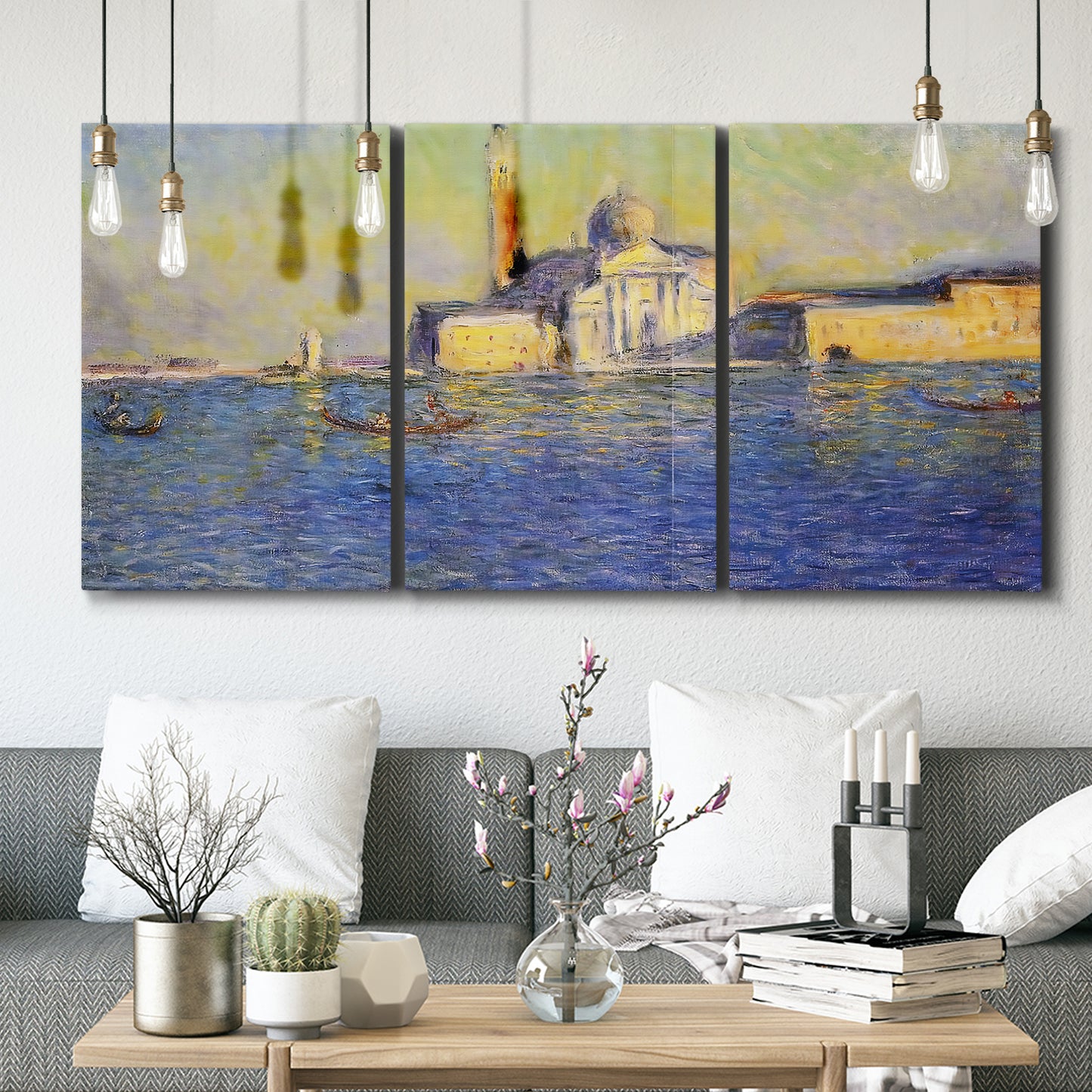 Three-panel canvas wall art featuring layered modern abstract color ribbons, displayed in a modern living room above seating.