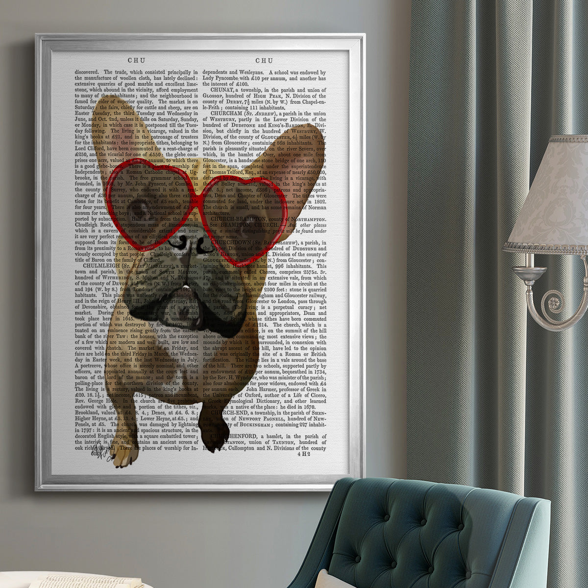 French Bulldog and Heart Glasses - Modern Framed Canvas Print