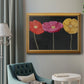 Contemporary poppy flower artwork in an ornate antique gold frame displayed in a neutral interior setting.