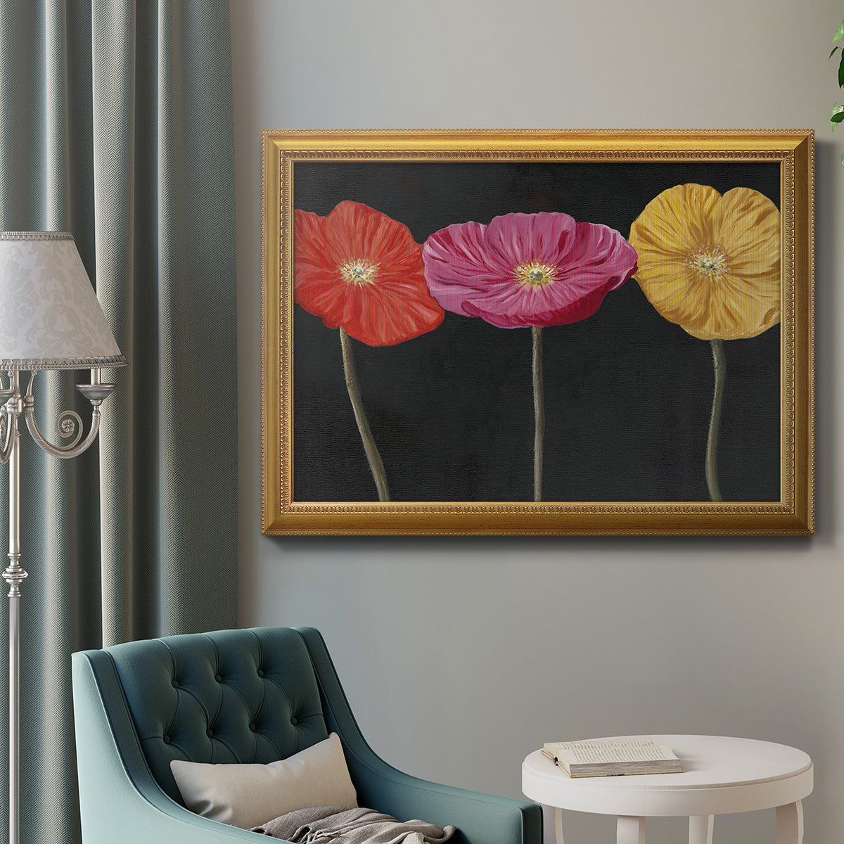 Contemporary poppy flower artwork in an ornate antique gold frame displayed in a neutral interior setting.