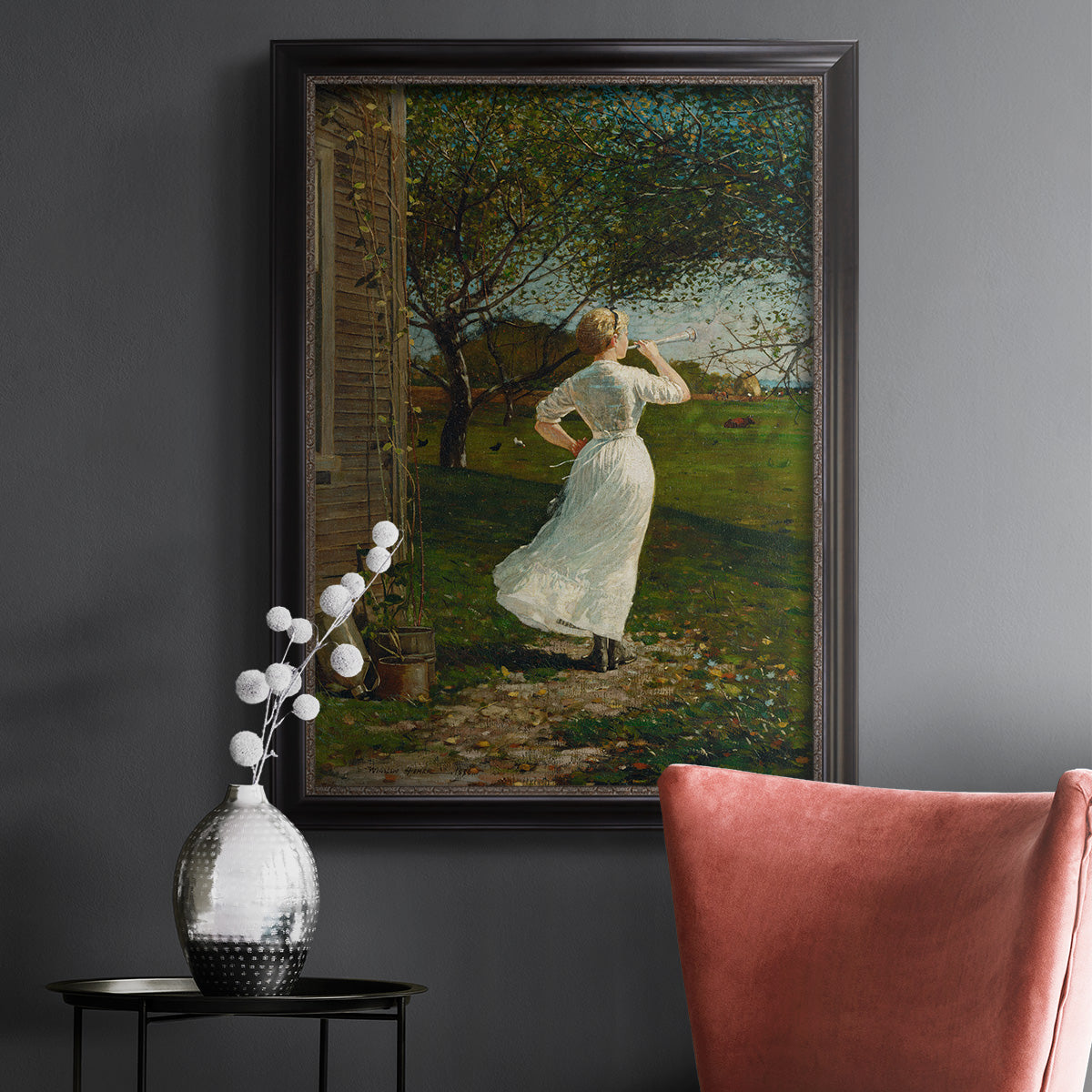 Narrative religious genre scene by Winslow Homer in an ornate black frame with gilded inner detail displayed in a dark-toned interior setting.