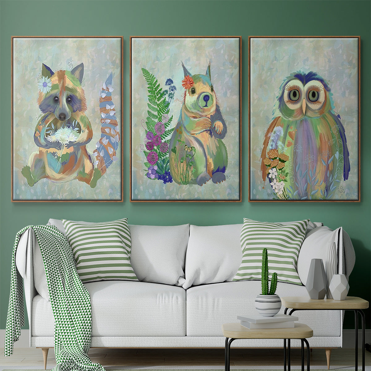 Fantastic Florals Owl - Framed Premium Gallery Wrapped Canvas L Frame 3 Piece Set - Ready to Hang