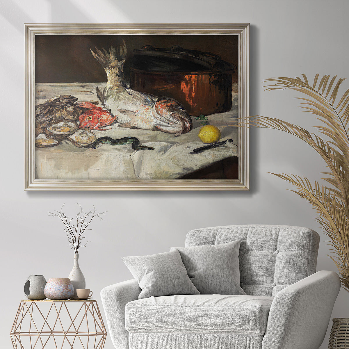 Impressionist still life painting of fish by Édouard Manet in an ornate champagne frame displayed in a bright interior setting.