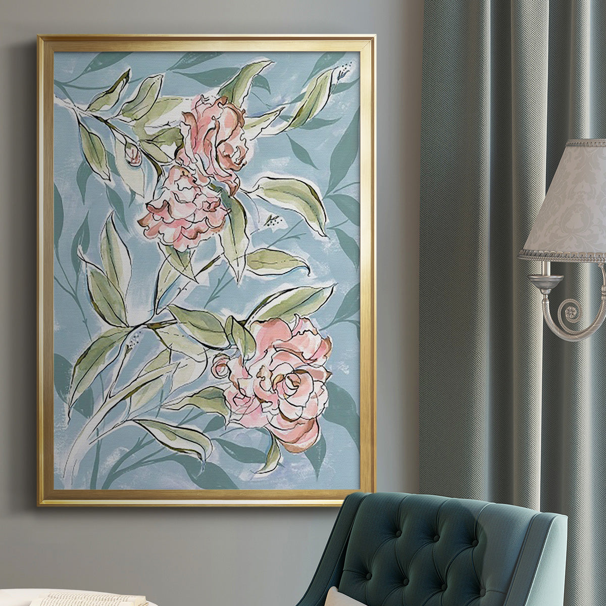 Faded Camellias I - Modern Framed Canvas Print