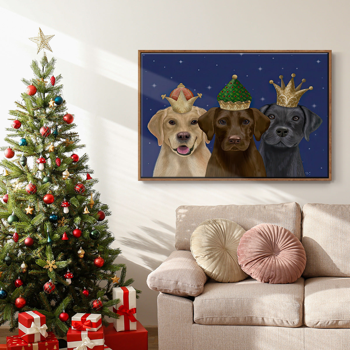 Christmas Labradors, Three Kings - Floater Framed Canvas Print