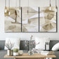 Three-panel canvas wall art featuring soft abstract meditative color balance, displayed in a modern living room above seating.
