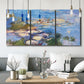 Three-panel canvas wall art featuring water lilies in blue and gold, displayed in a modern living room above seating.