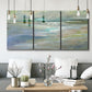 Three-panel canvas wall art featuring soft coastal beach light landscape, displayed in a modern living room above seating.