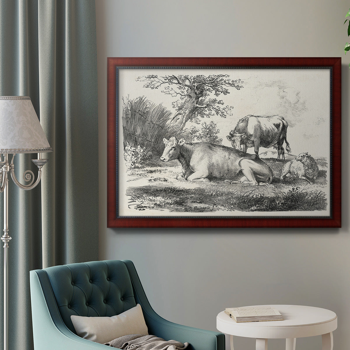 Classical pastoral landscape artwork by Nicolas Berchem in an ornate cherry burl wood frame displayed in a neutral interior setting.