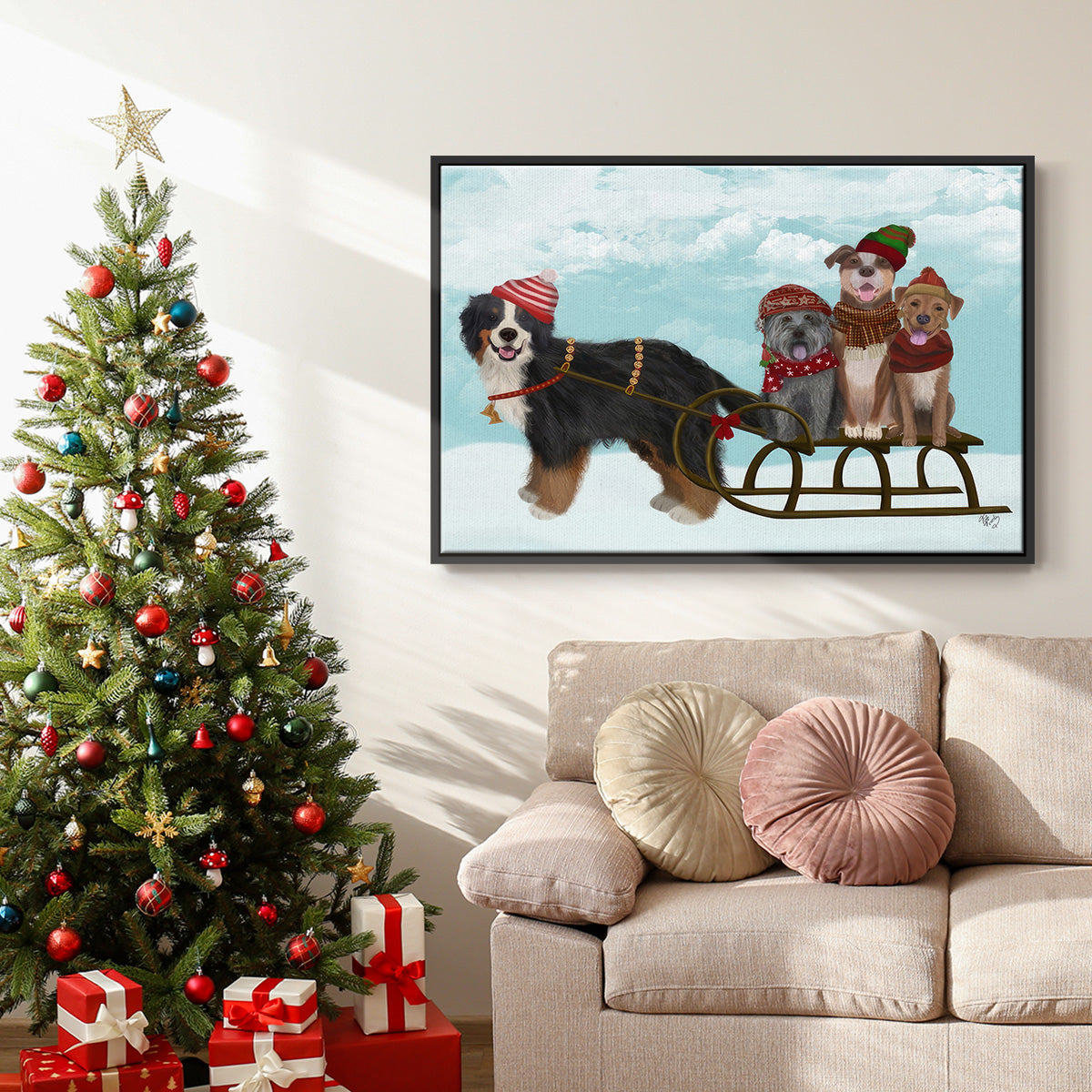 Christmas Mutt Sled - Floater Framed Canvas Print